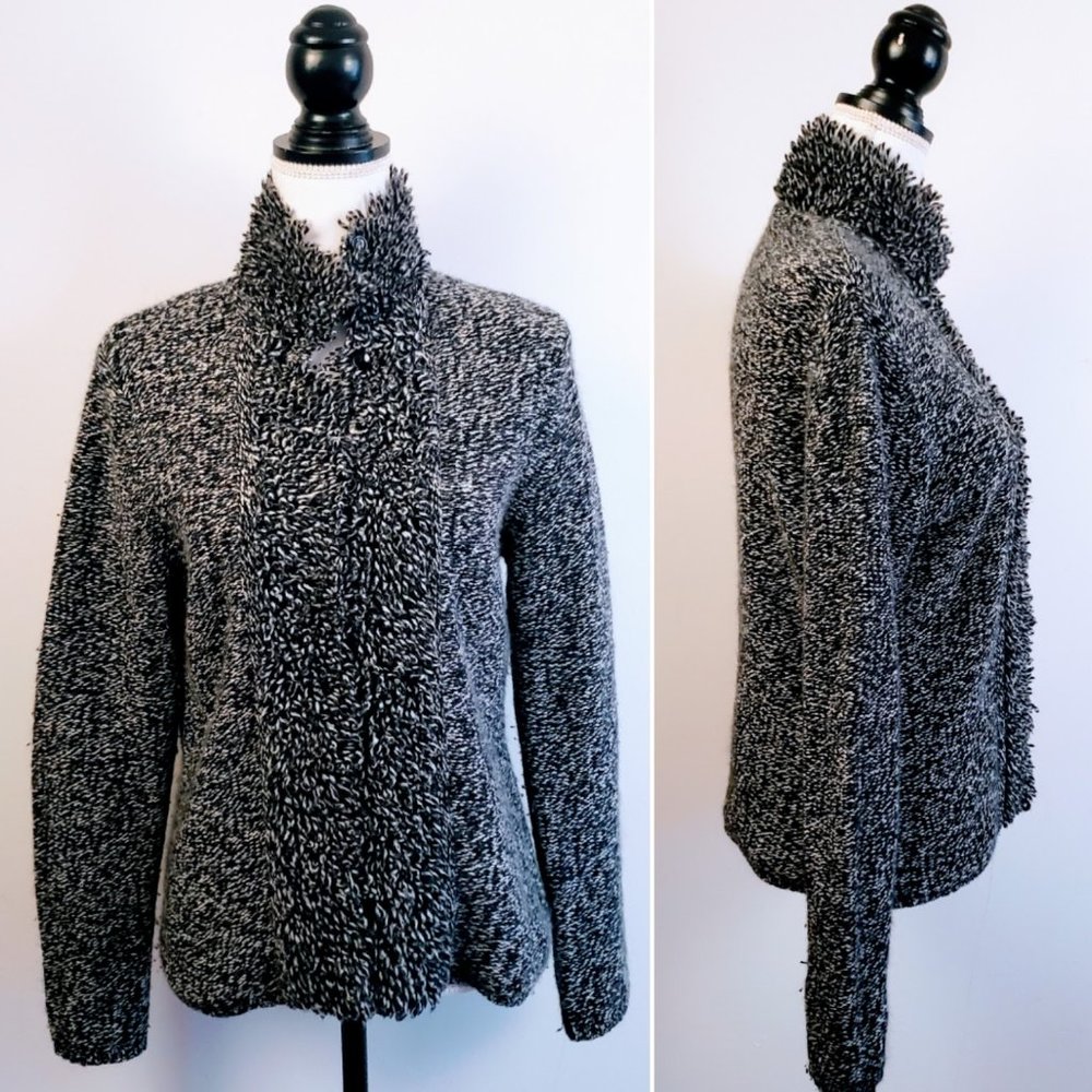 COUNTRY SHOP Sweater Jacket, Black White Lamb's Wool Rabbit Hair Fringe Boho, S